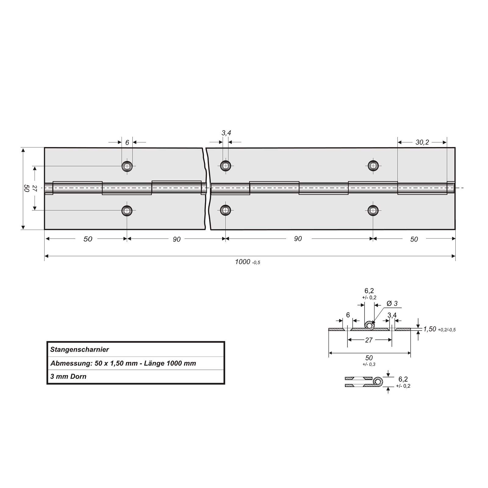 SOTECH Cerniera a barra 1000 x 50 x 1,5 mm in acciaio inox opaco | per pianoforte per porta