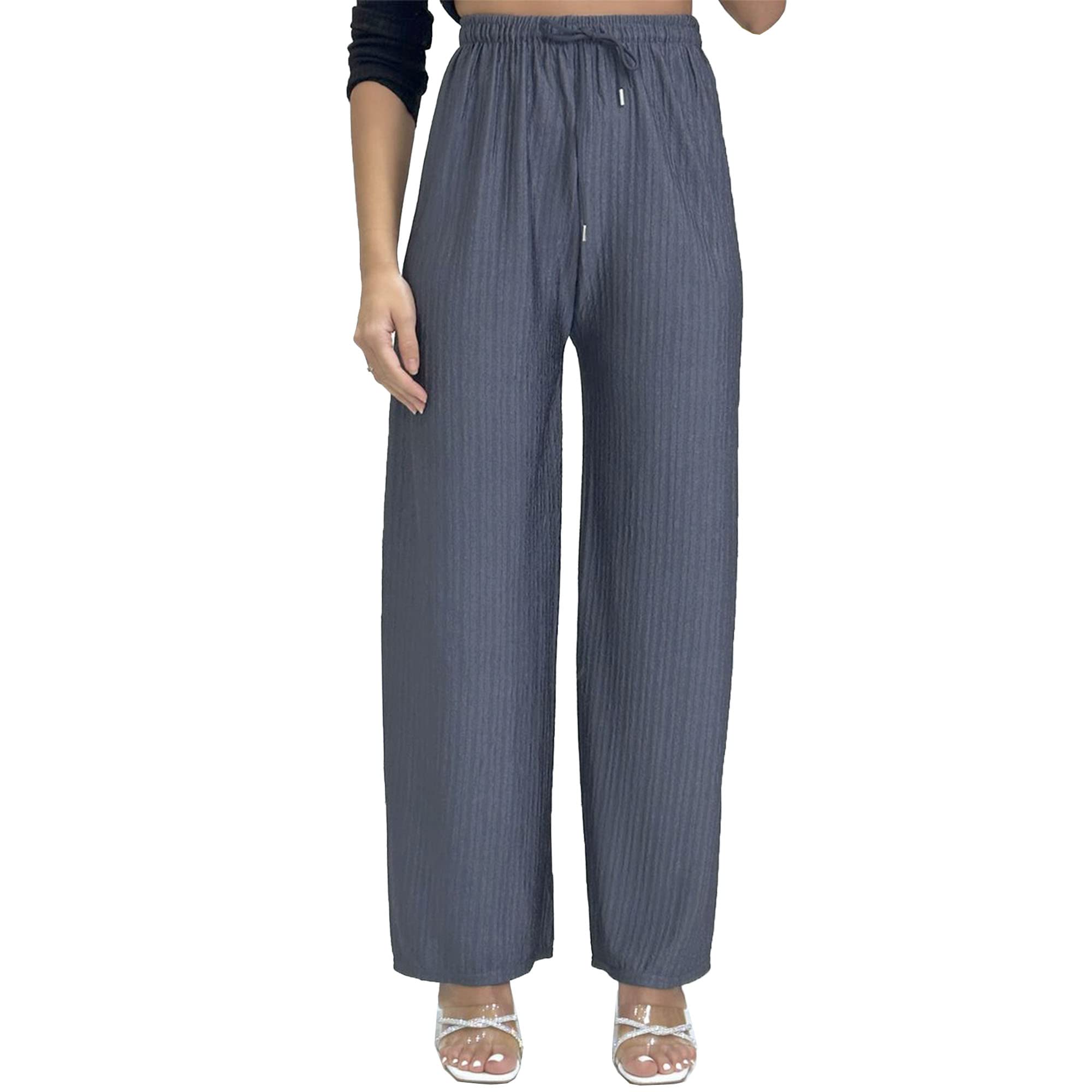 Women's Grey Textured Ribbed Relaxed Wide Leg Smart Casual Palazzo Trousers (As8, Alpha, L, X_l, Regular, Regular, )