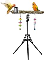 Arfubye 16-63" Adjustable Pepper Wood Bird Perch Stand w/ Feeding Cups & Swing Toy for Parrots, Parakeets - Indoor/Outdoor