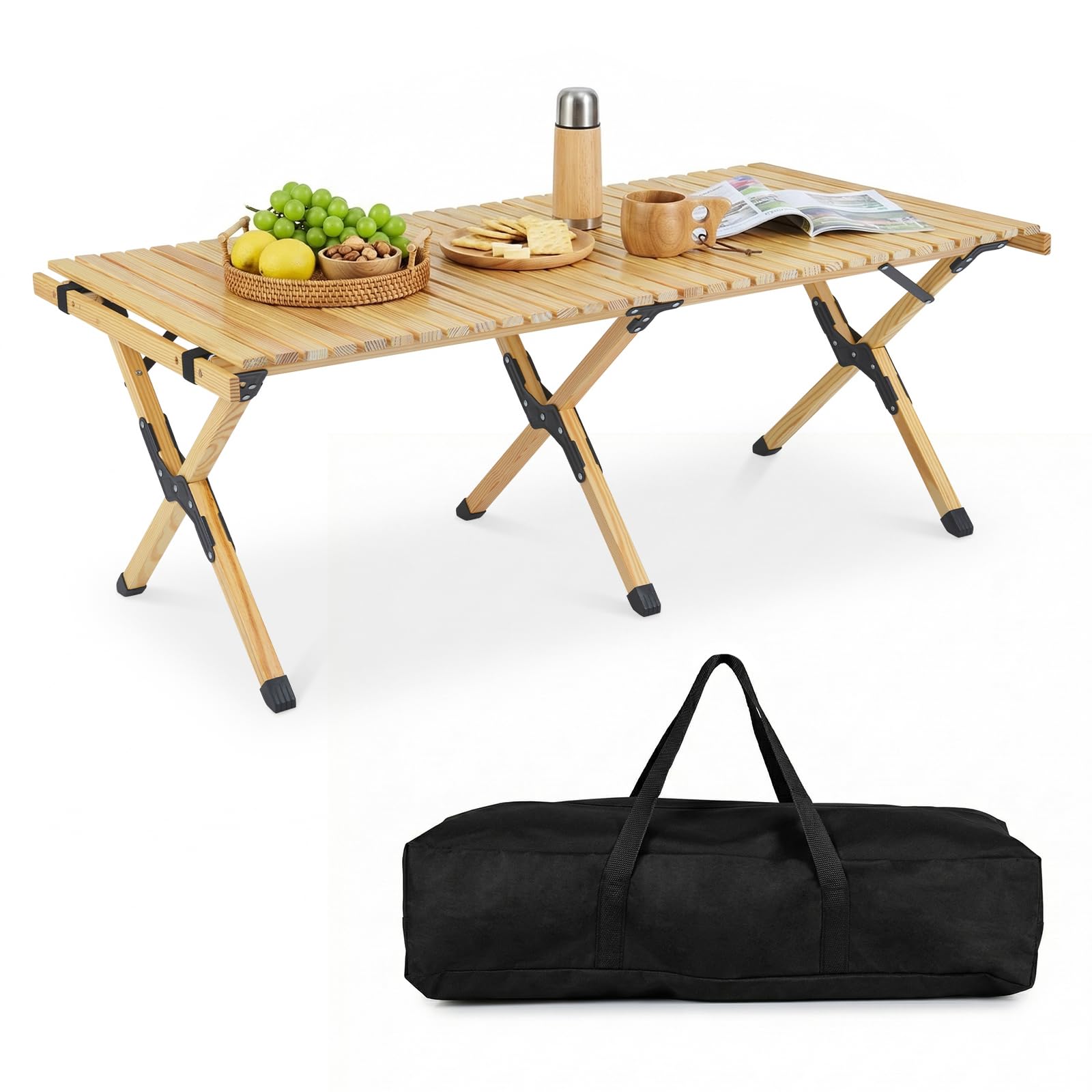 TANGZON 122 x 60cm Roll Up Portable Picnic Table, 4-6 Person Bamboo Folding Camping Table, Indoor Outdoor Low Height Floor Egg Roll Table with Carry Bag for BBQ Fishing Traveling (Natural)