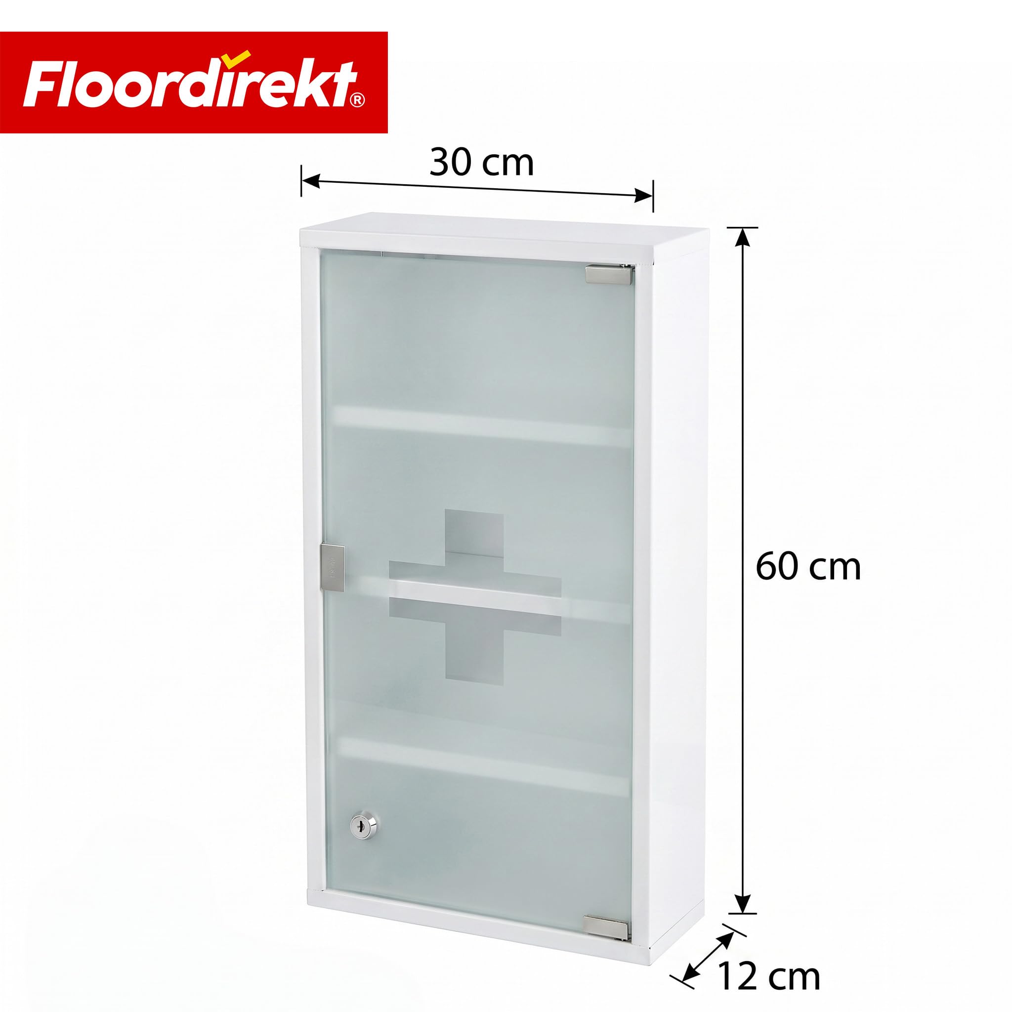 Floordirekt Medizinschrank Weiß 60x30cm - 4 Fächer – Abschließbarer Arzneischrank mit Milchglastür, Edelstahl oder Metall weiß, Medikamentenschrank für Bad, Küche & Praxis, Allen