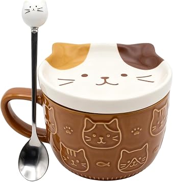 Cute Cat Mug with Lid, Cute Ceramic Cat Coffee Mug