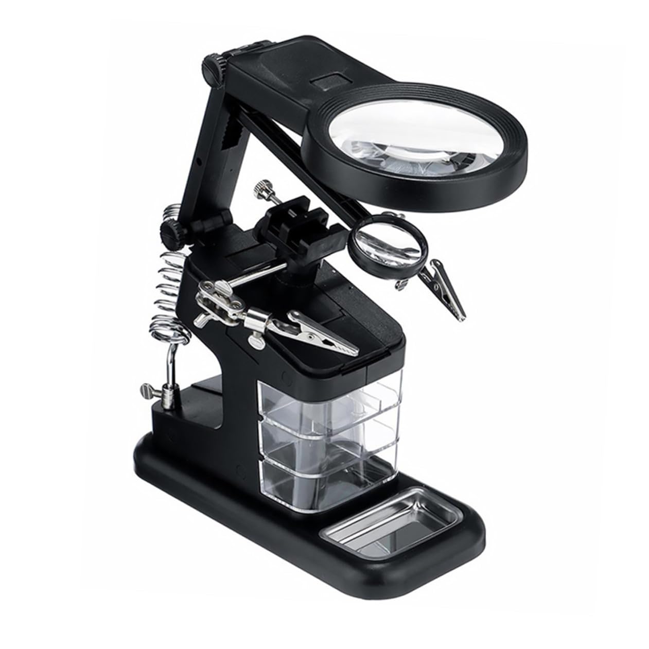 Ipetboom Estación de Lupa de Sobremesa LED Soporte Ajustable, Aumento 3X, Luz Regulable para Soldadura Electrónica y Modelismo, 3 Cajones de Almacenamiento, Uso Profesional en Taller Negro
