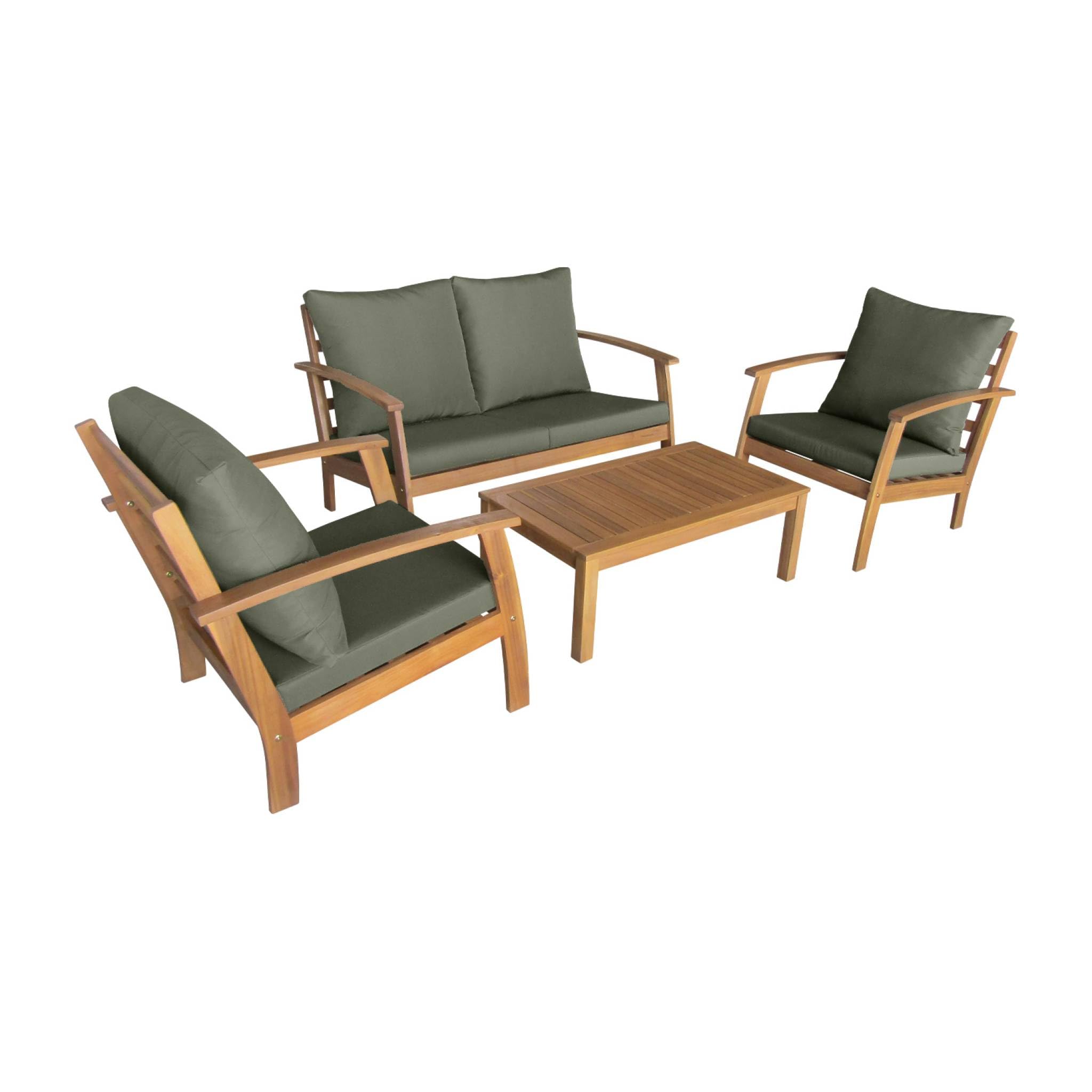 sweeek - Salon de Jardin en Bois 4 Places Coussins Kaki. canapé. fauteuils et Table Basse en Acacia. Design