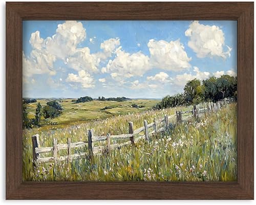 Arte de pared de paisaje rústico enmarcado de 8 x 10 pulgadas, impresión en lienzo de campo Cottagecore, pintura de valla pastoral y prado, obra de