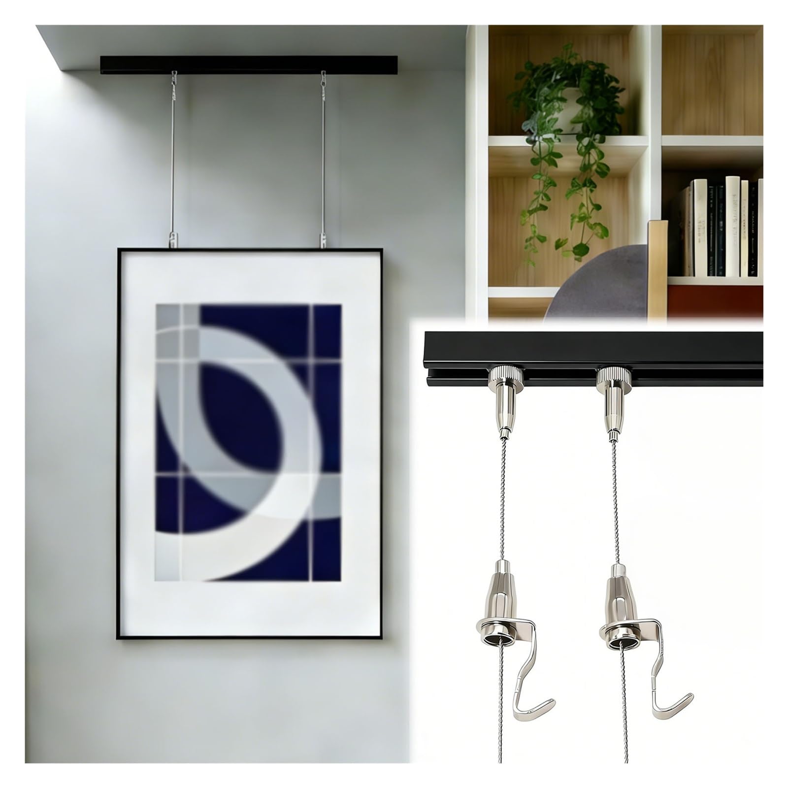cuelga cuadros Kit de colgación de riel de cuadros para pared, soporte exposición arte ajustable con polea, set para oficina y museo(Black 60" Rail,11.5'/3.5m Cord)