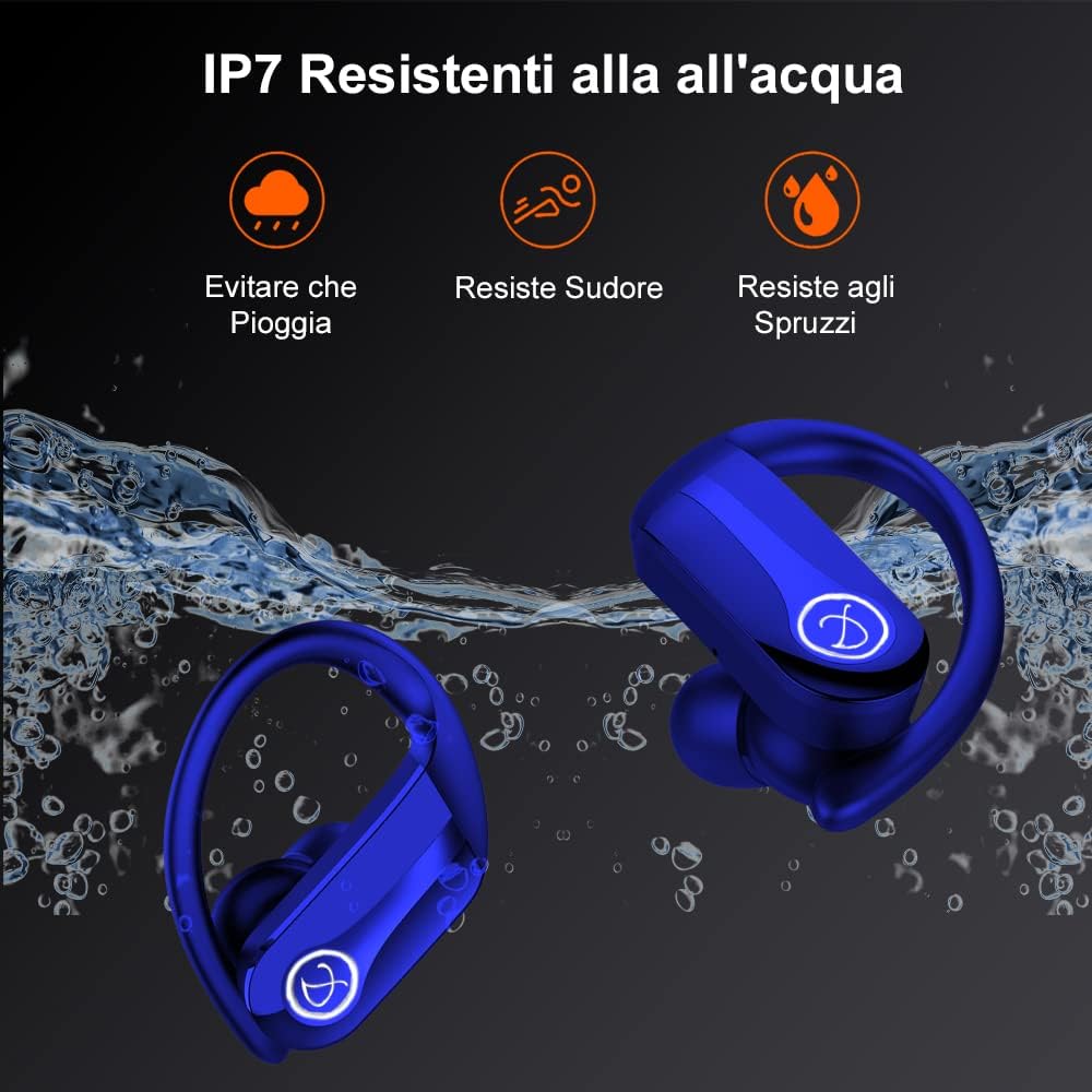 Bluetooth 5.3 Headphones, Wireless Earbud Sports, Bluetooth Earbud with Mic, in Ear Wireless Earphones Noise Cancelling Headphones, Ear Buds with Earhooks IP7 Waterproof 45H for Sport, dark blue