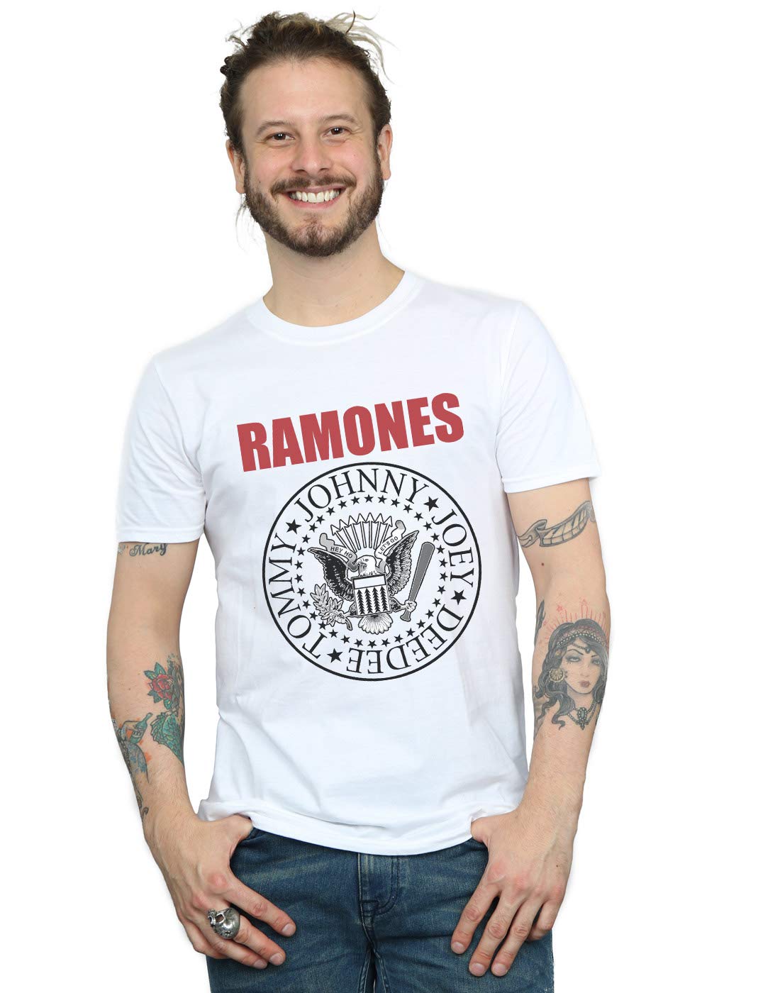 Absolute Cult Men's White Ramones Red Text Seal T-Shirt Medium