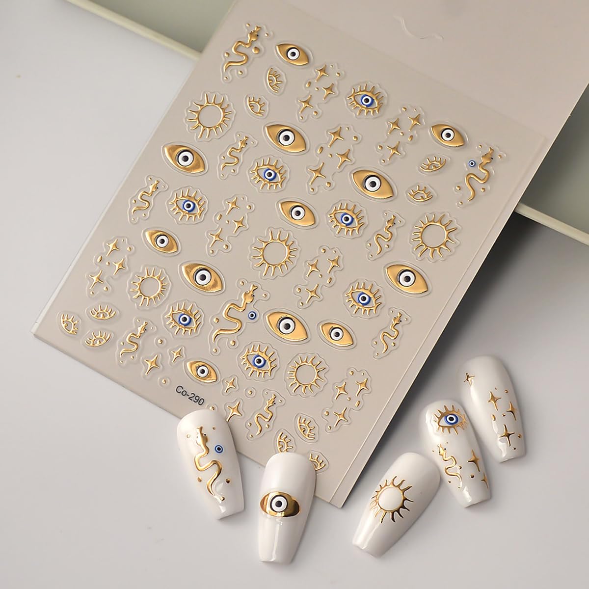 Gold Evil Eye Nail Art Stickers 3D Gold Nail Stickers Star Snake Nail Decals Gold Stickers for Nails Designs Self-Adhesive Nail Art Supplies for Women Girls DIY Manicure 1 Sheets