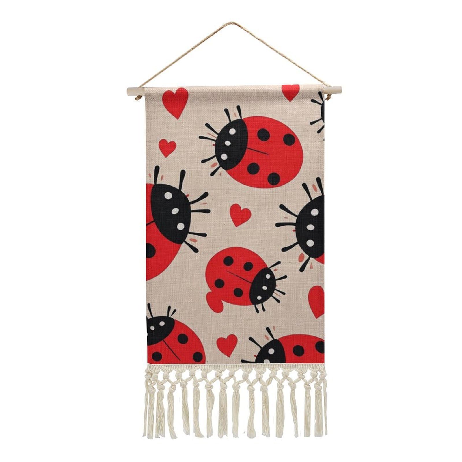 FekiLoot Ladybug Wall Art Poster Hanger Frame Vertical Tassel Tapestry Cotton Linen Hanging Poster Decorative Wall Art Prints Vintage Wall Art Decor for Home Bedroom Living Room Office