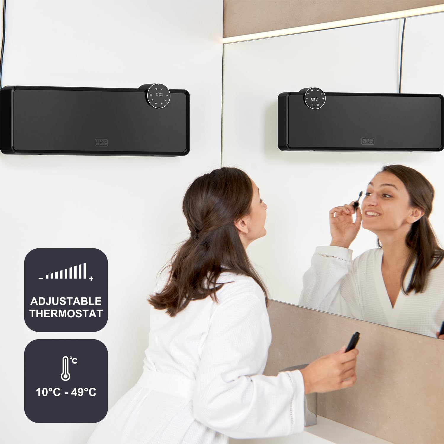 Black+Decker - Calefactor cerámico de pared BXWSH2001E | 2000W | Termostato regulable | Temporizador 24h | Control remoto | Pantalla LED | PTC | Oscilación automática | 20m2