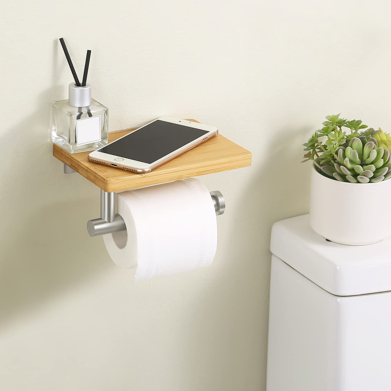 KES Toilet Paper Holder with Shelf, Bathroom Toilet Paper Holder Bamboo — Amazon image 2
