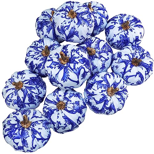 Image of Winlyn 12 Pcs Small Fabric Decorative Blue and White Pumpkins Chinoiserie Chic Foam Pumpkins 3 inch for Gifts Fall Wedding Halloween Thanksgiving Table Centerpiece Mantel Farmhouse Decor