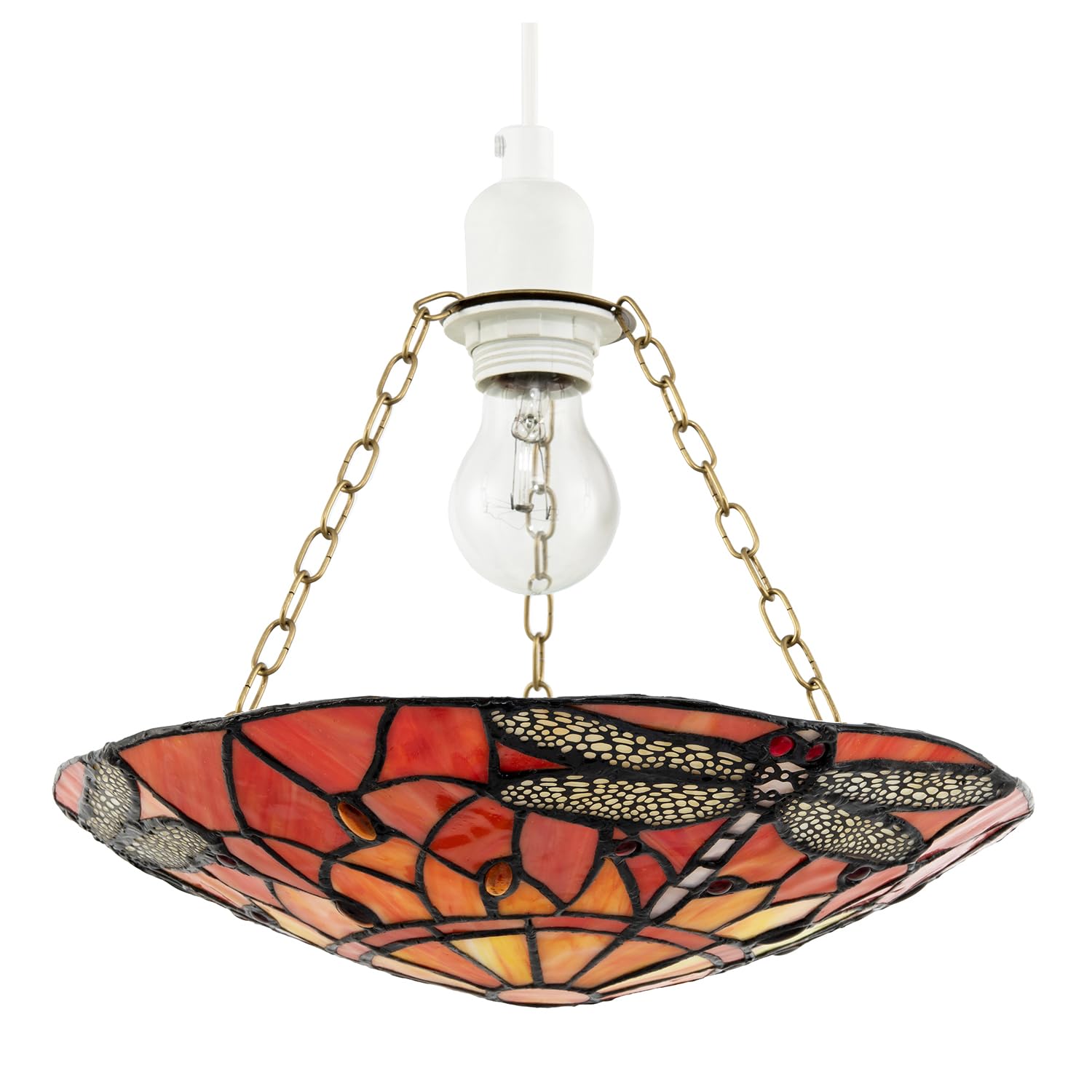 Haysoms Orange Traditional Vivid And Amber Dragonfly Tiffany Glass Easy Fit Pendant Light Shade | 30Cm X 5Cm | Antique Brass Supporting Chains By Happy Homewares