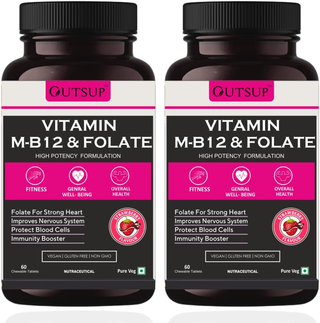 Vitamin B12 Supplement with Methylcobalamin, Folate & Vitamin B6 - Boost Energy Level | Good For Digestion And Nerve Health | Glowing Skin For Men & Women - 60 Chewable Tablets(Pack of 2)