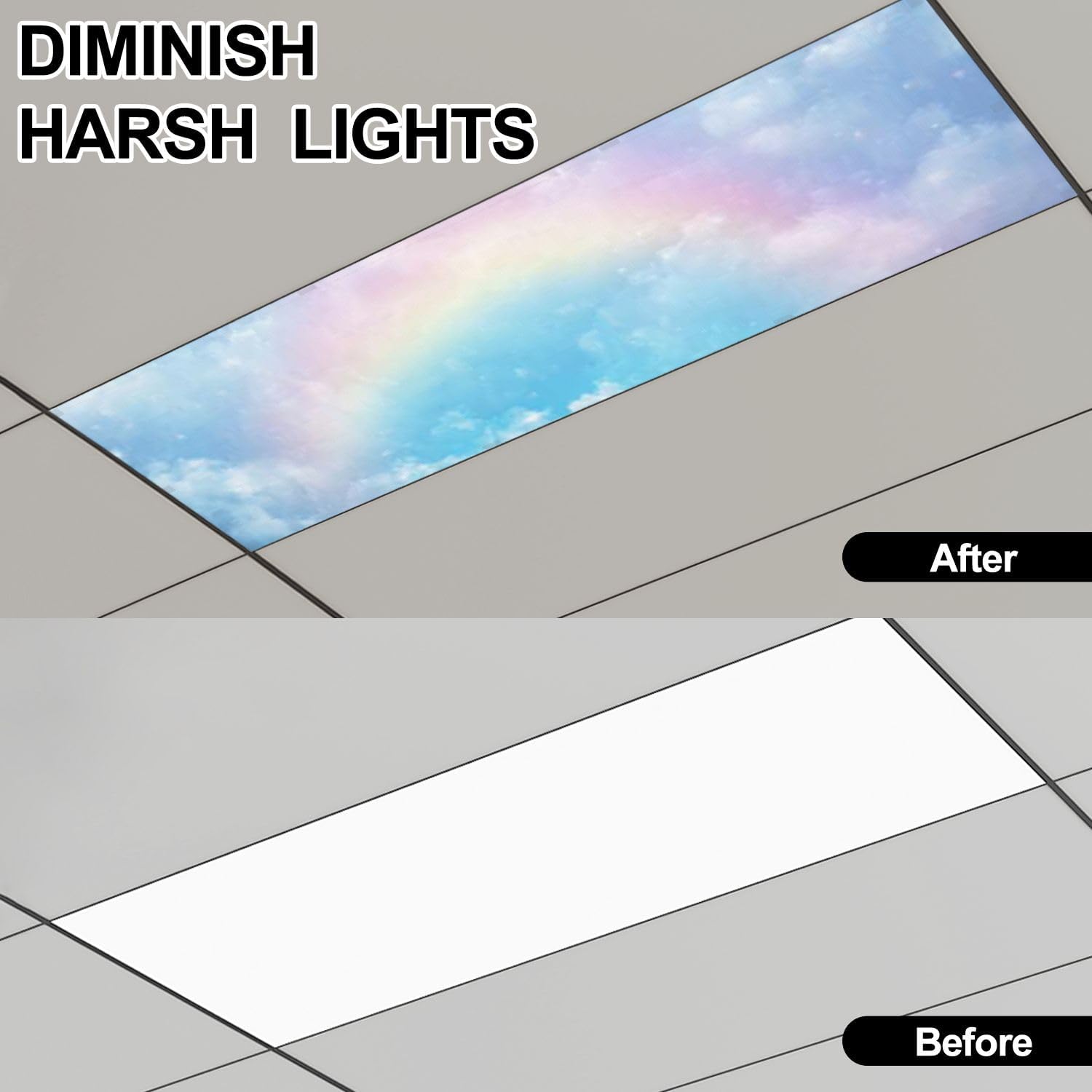 Fluorescent Light Covers for Ceiling Lights Rainbow Cloudy Sky Easy to Install Magnetic Light Filter for Classroom Office Hospitals School Home Decor