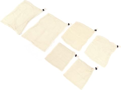 6Pcs Drawstring Storage Bag, Reusable Cotton Mesh Bags for Fruits Vegetables, Multi - Function Food Filter Bags with Wooden Bead Closure, Foldable Laundry Toy Storage Bags for Groc
