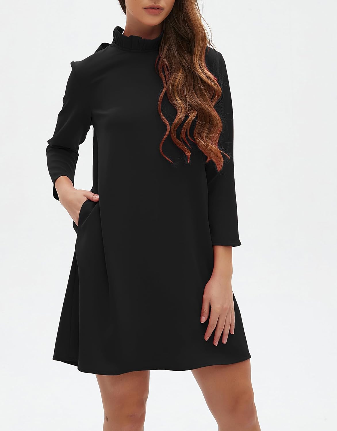 Kedera Women's Fall Bow Tie Dress Casual Mini Dress Ruffle Mock Neck Long Sleeve Dress Swing Elegant Shift Dress - Image 4