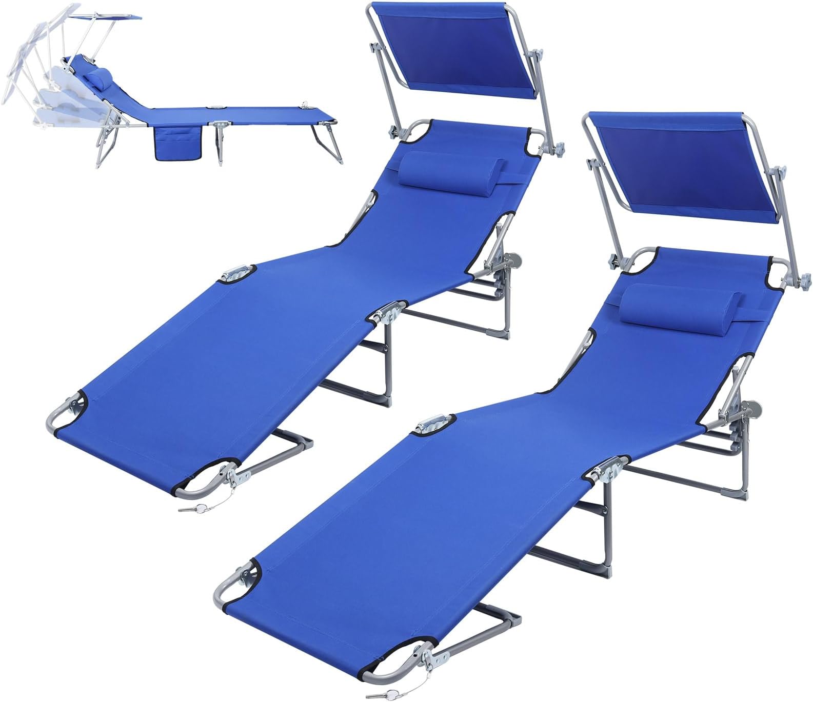 Beach Lounge Chairs 2PCS, Outdoor Folding Chaise Lounge Chairs with 4-Position, 360° Rotatable Canopy Shade, Pocket&Pillow, Portable Beach Lounger Tanning Chairs for Beach Pool Yard Patio