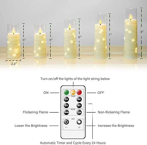Miniatura 5 de Velas de color marfil sin llama con cadena de luces integradas, velas a pilas con control remoto, 5 velas LED parpadeantes, velas eléctricas de