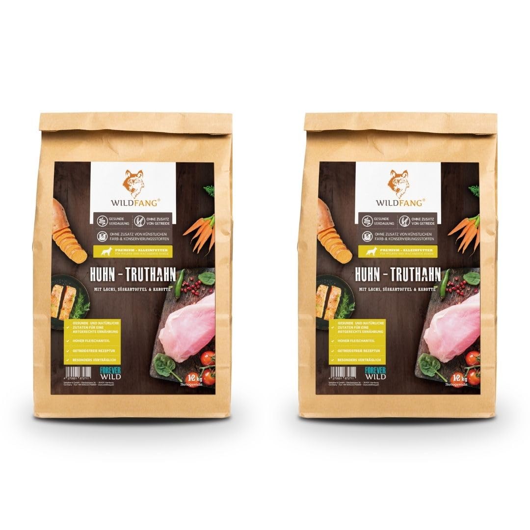 Wildfang® Junior Sucha Karma dla Szczeniąt 2kg – Karma dla Psa z Kurczakiem i Indykiem, Bez Zbóż i Glutenu, Z Naturalnych Składników, Bez Dodatku Cukru, Sucha Karma dla Małych Psów – 1 Sztuka