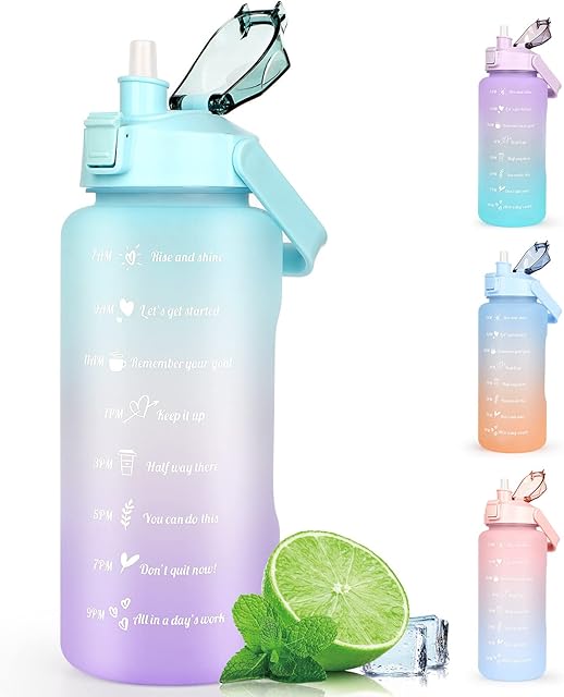 Water Bottle 2L BPA Free Sport Drinks Jug with Time Marking & Lock Cover, Leak Proof 2 Liters Water Bottle with Portable Handle, Green Water Canteen Bottle
