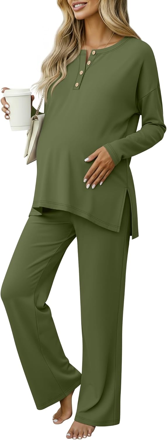 Women's Maternity Pajamas Sets, Long Sleeve Pregnancy Postpartum Delivery Lounge Nursing Pjs with Pockets Pjs