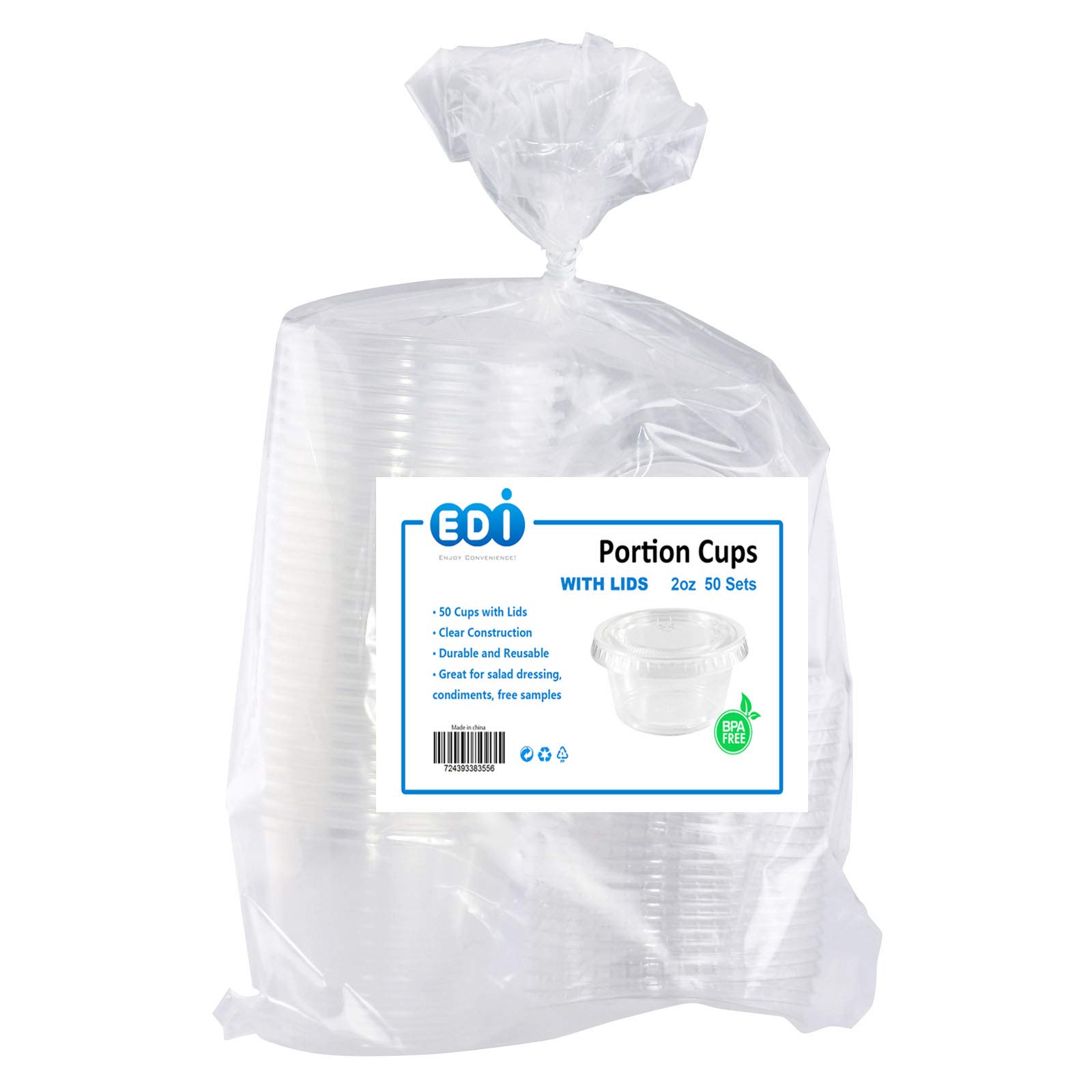 EDI [2 OZ, 50 Sets] Clear Disposable Plastic Portion Cups with Leakproof Lids | Jello Shot Cups | Condiment and Dipping Sauce Cups | Souffle Cups | BPA Free | Recyclable