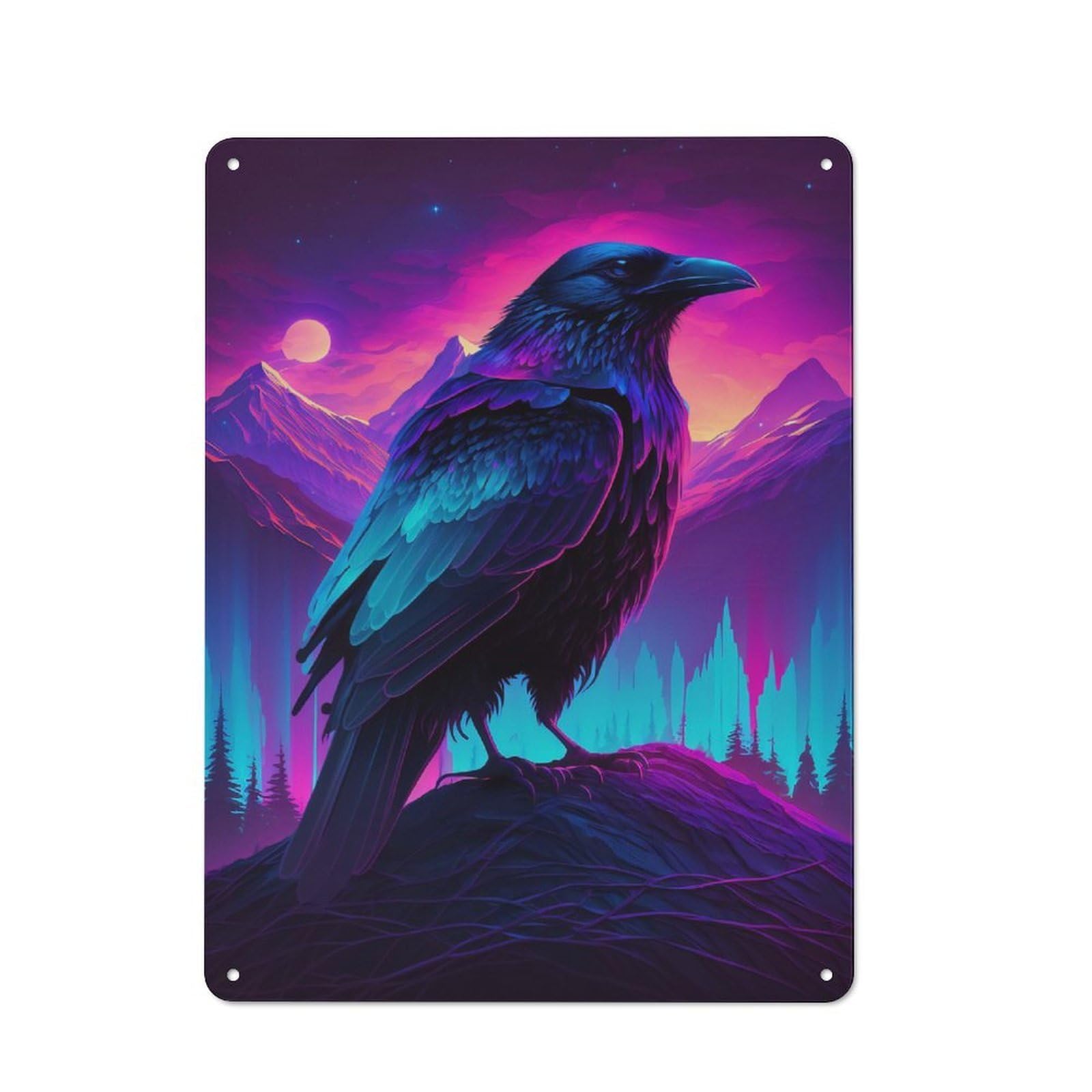 Cottage Tin Sign 40x30cm Featuring Synthwave Raven, Porch Wall Decor for Shed, Garden Room, Porch Or Garage