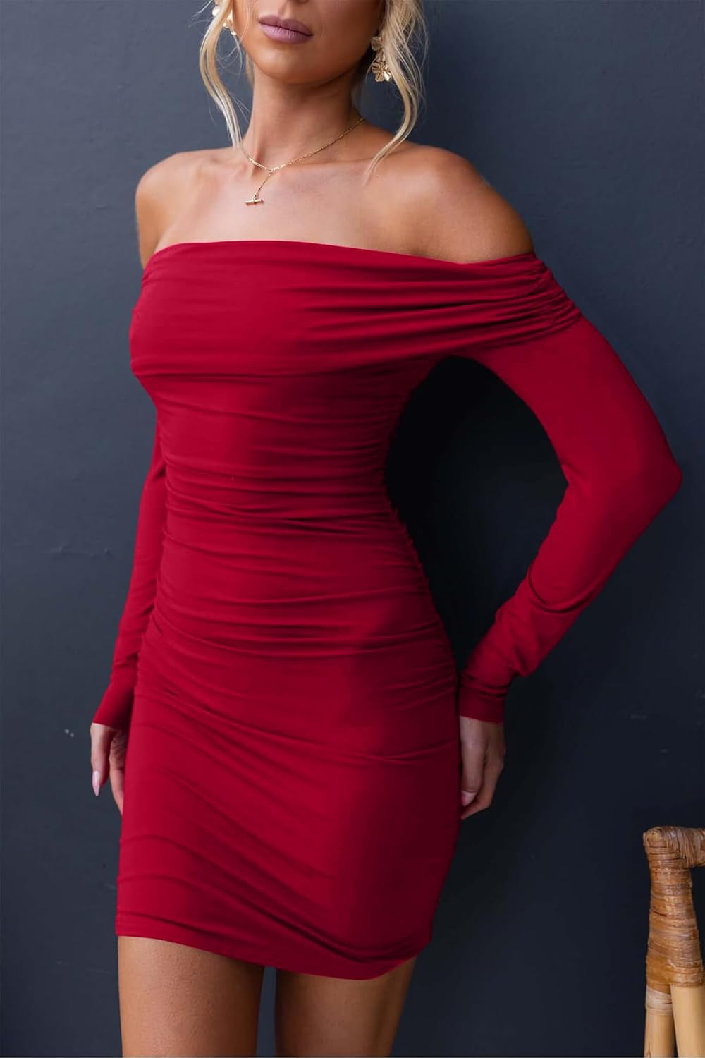 OWIN Women's Fall Off The Shoulder Ruched Bodycon Mini Dress Long Sleeve Ribbed Knit Fitted Club Party Dresses - Image 3