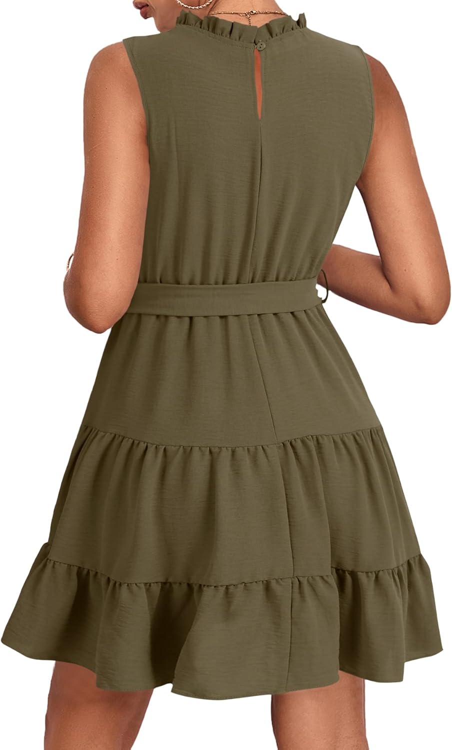 Umenlele Women's Ruched Trim Crewneck Sleeveless Tie Knot High Waist Ruffle Layered Short Dress - Image 2