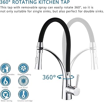 Pull Down Kitchen Sink Mixer Tap with Dual Function Sprayer, Single Lever Swivel Spout Kitchen Taps with Black Silicone Hose, Available Chrome Finish Solid Brass