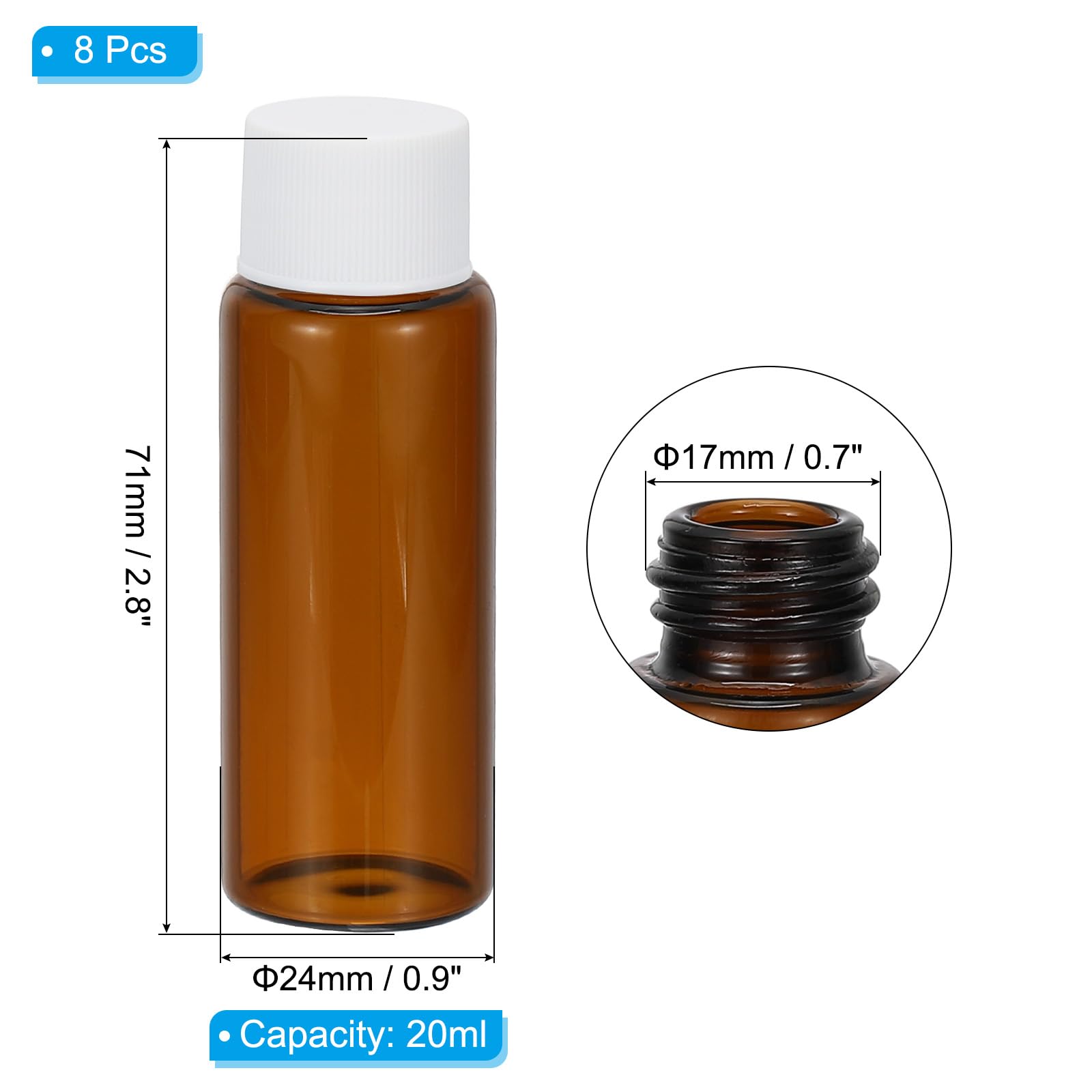 PATIKIL Butelki na olejki eteryczne 20 ml, 8 opakowań butelek ze szkła bursztynowego z reduktorem kryzy, fiolka na próbki, wąska zakrętka, pojemnik na fiolki do przechowywania, biały