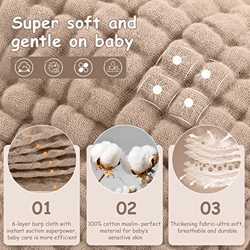 Image of Looxii Muslin Burp Cloths 100% Cotton Muslin Cloths Large 20''x10'' Extra Soft and Absorbent 6 Pack Baby Burping Cloth for Boys and Girls (Brown)