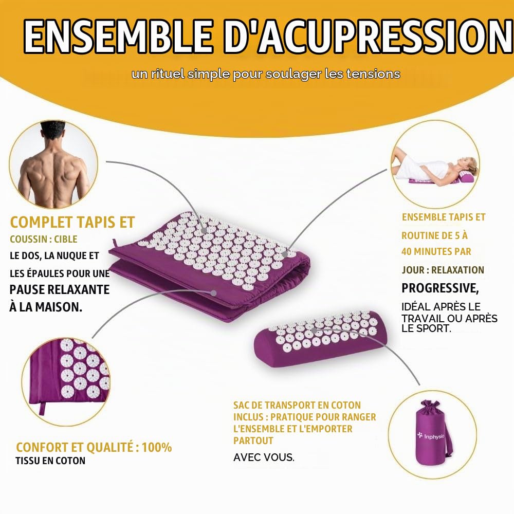 Inphysio - Kit d'Acupression avec Tapis et Coussin de Massage – Relaxation Musculaire, Soulagement du Dos et du Cou, Réduction de la Tension, Bien-Être Général, Hypoallergénique, Prune