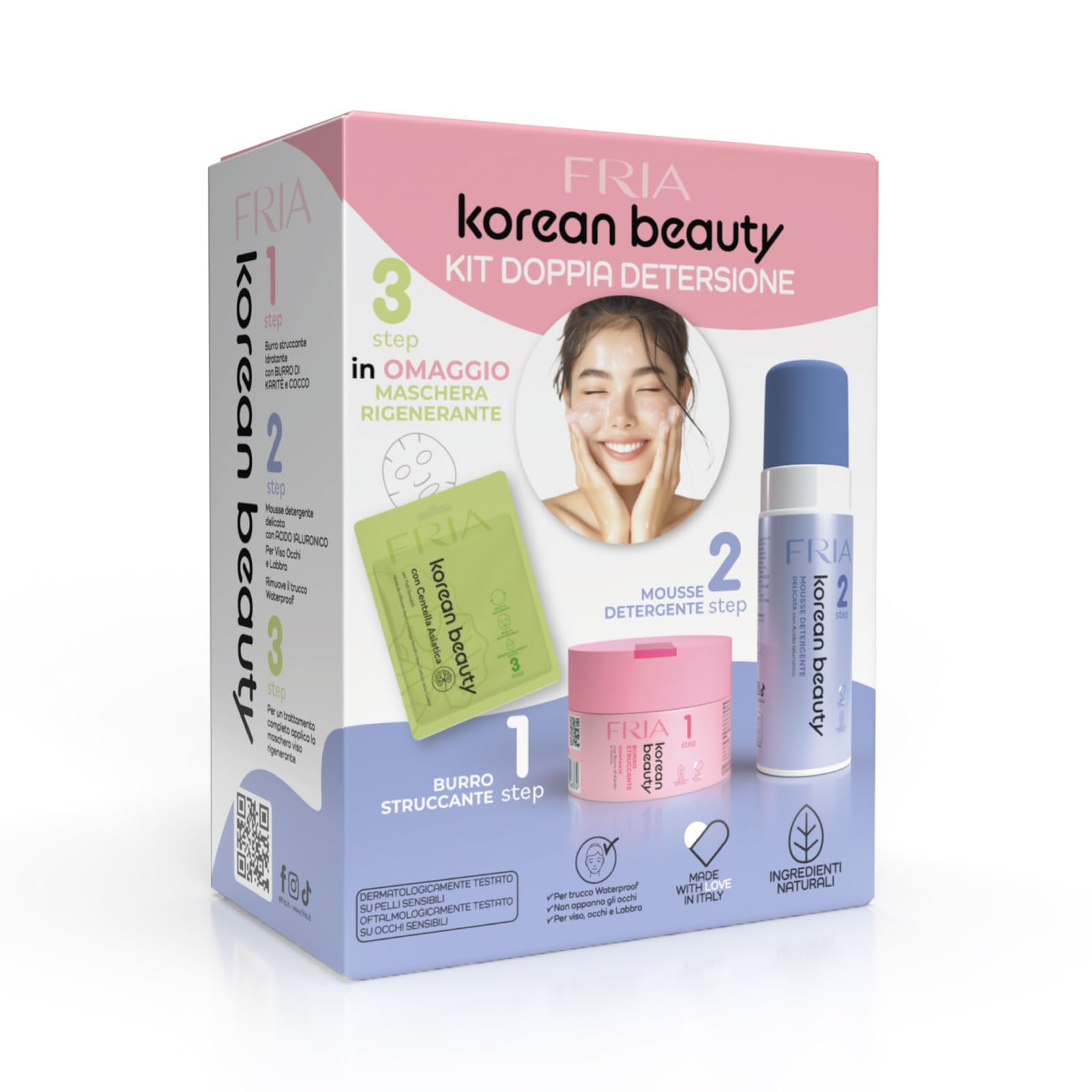 Fria Korean Beauty Kit Doppia Detersione, Burro Struccante Korean Beauty + Mousse Detergente Korean Beauty + Maschera Viso Rigenerante Fria Korean Beauty in Omaggio