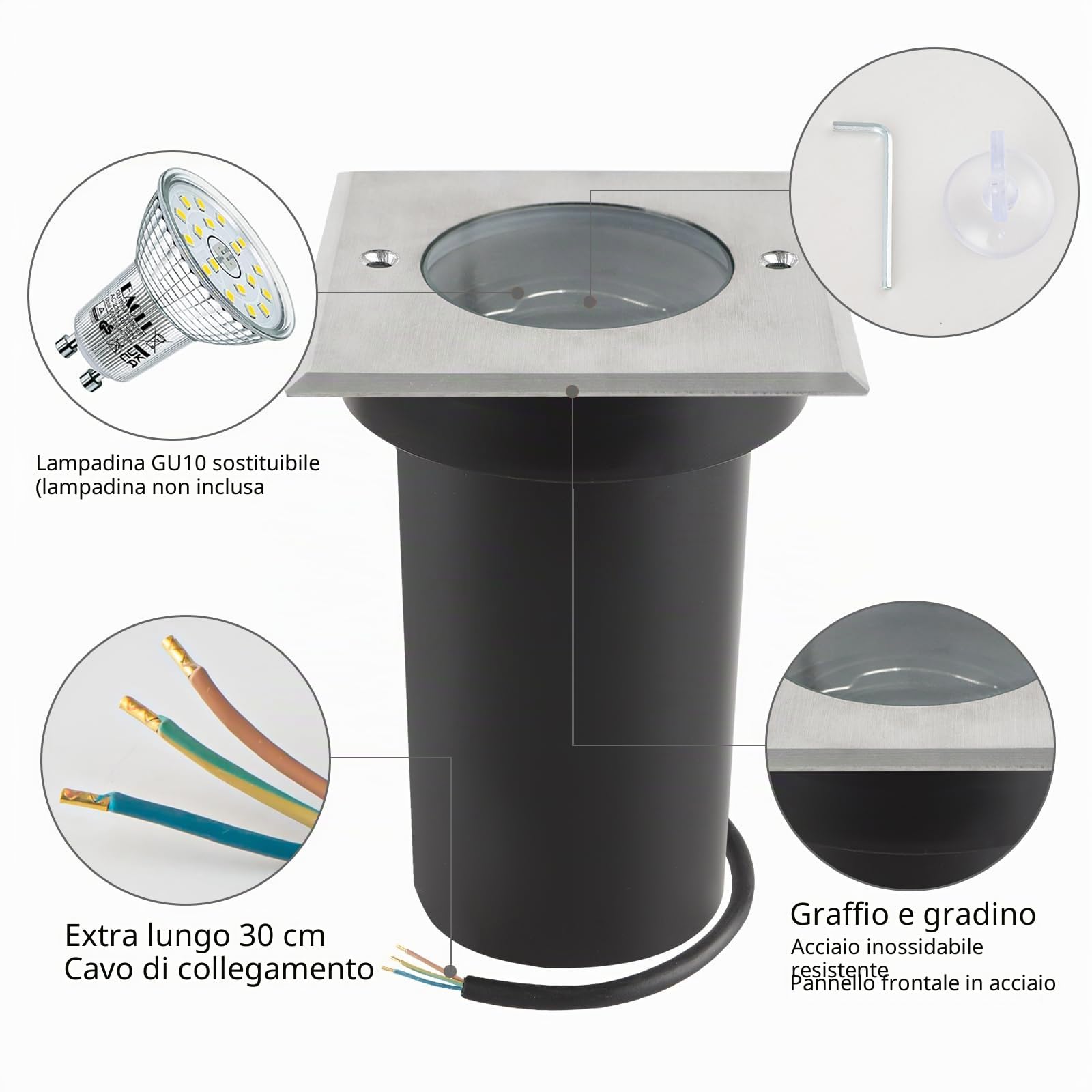 Faretto da incasso orientabile IP67 attacco GU10 faretti led esterno, 230V Faretti da Pavimento Luci da incasso calpestabile da Segnapasso esterno terra, 30cm cavo preinstallato, Piazza