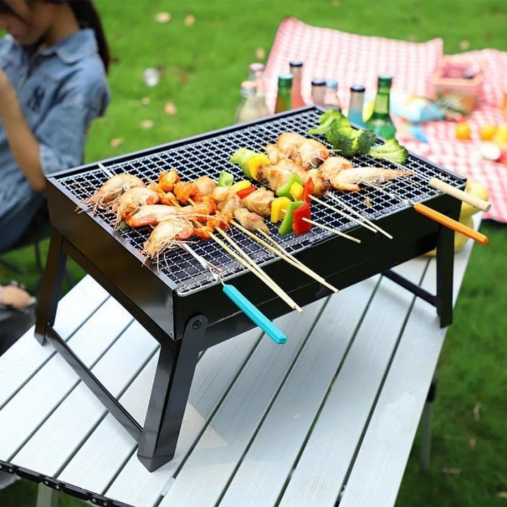 Portable Charcoal BBQ Grill, Foldable Mini Grill for 1-4 People, 38 x 23 x 19 cm, Reinforced Steel Construction, Lightweight 1.03 kg for Camping, Garden, Picnic