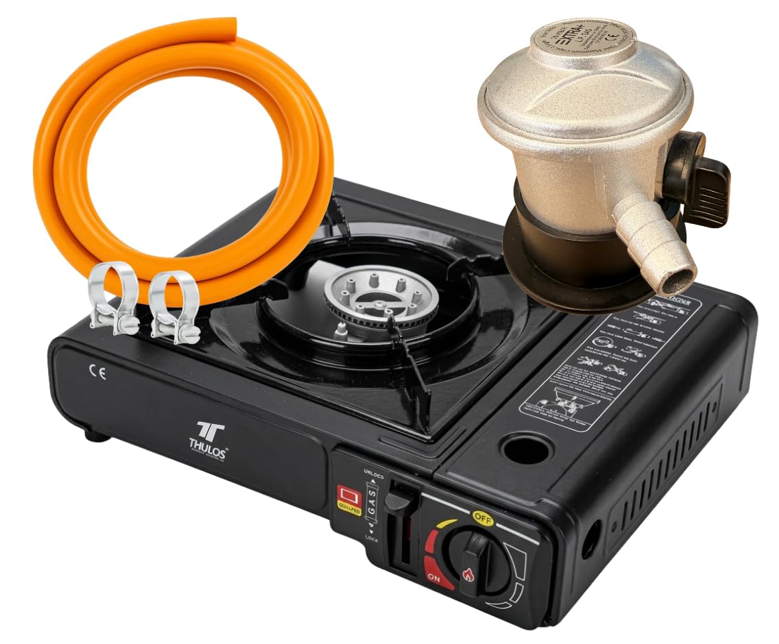 Cocina de Camping Gas Portátil DUAL – Compatible con Cartucho B250 y Botella de Butano – Hornillo Camping Potente, Seguro y Compacto para Exterior (COCINA DUAL + MANGUERA + REGULADOR GAS)
