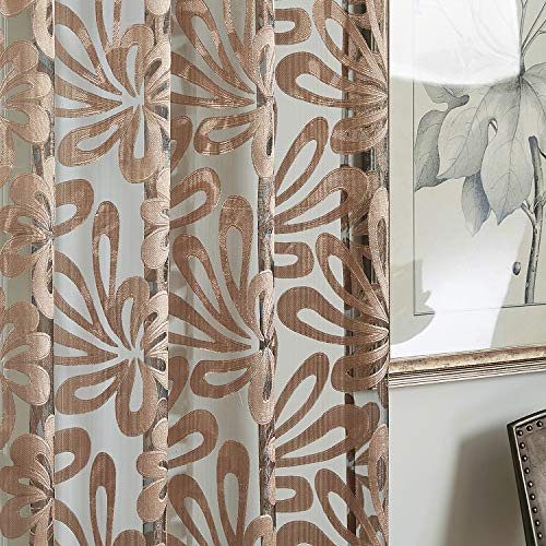 Top Finel Kitchen Sheer Tier Curtains 36 Inch Length Voile Floral Grommet Small Window Treatments For Basement Bathroom, 2 Panels, Brown #TOP5