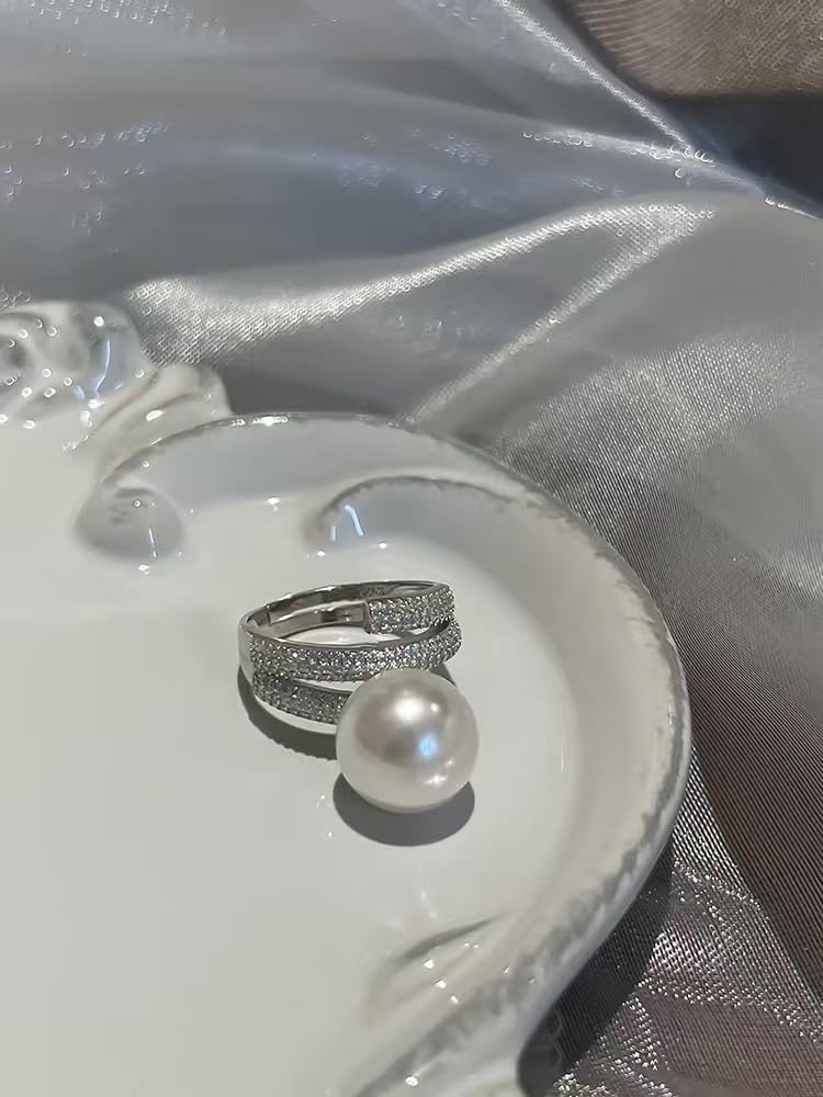 925 Sterling Silver Open Pearl Ring - Full Diamond Inlay Multi-Layer Design, Adjustable Band, Fashion Elegant Temperament Ring for Women Ideal for Engagement Wedding & Anniversary(White)