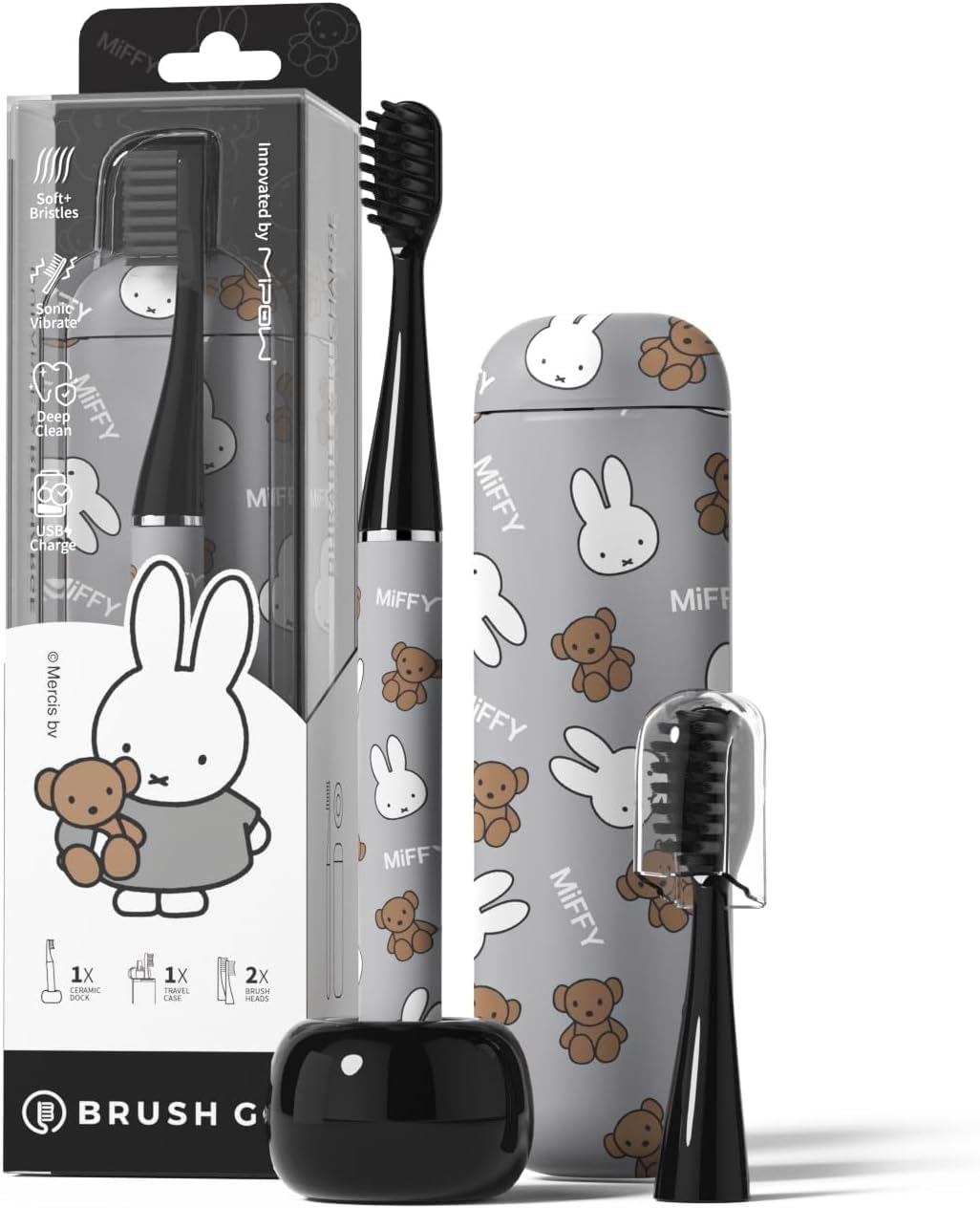MIPOW Miffy BrushGo i4 Slim Electric Toothbrush Sonic Vibration Rechargeable Magnetic Travel Case & Ceramic Holder Dock 60Day Long Battery Soft Bristles 2Heads IPX7 Waterproof (Grey)-image-46