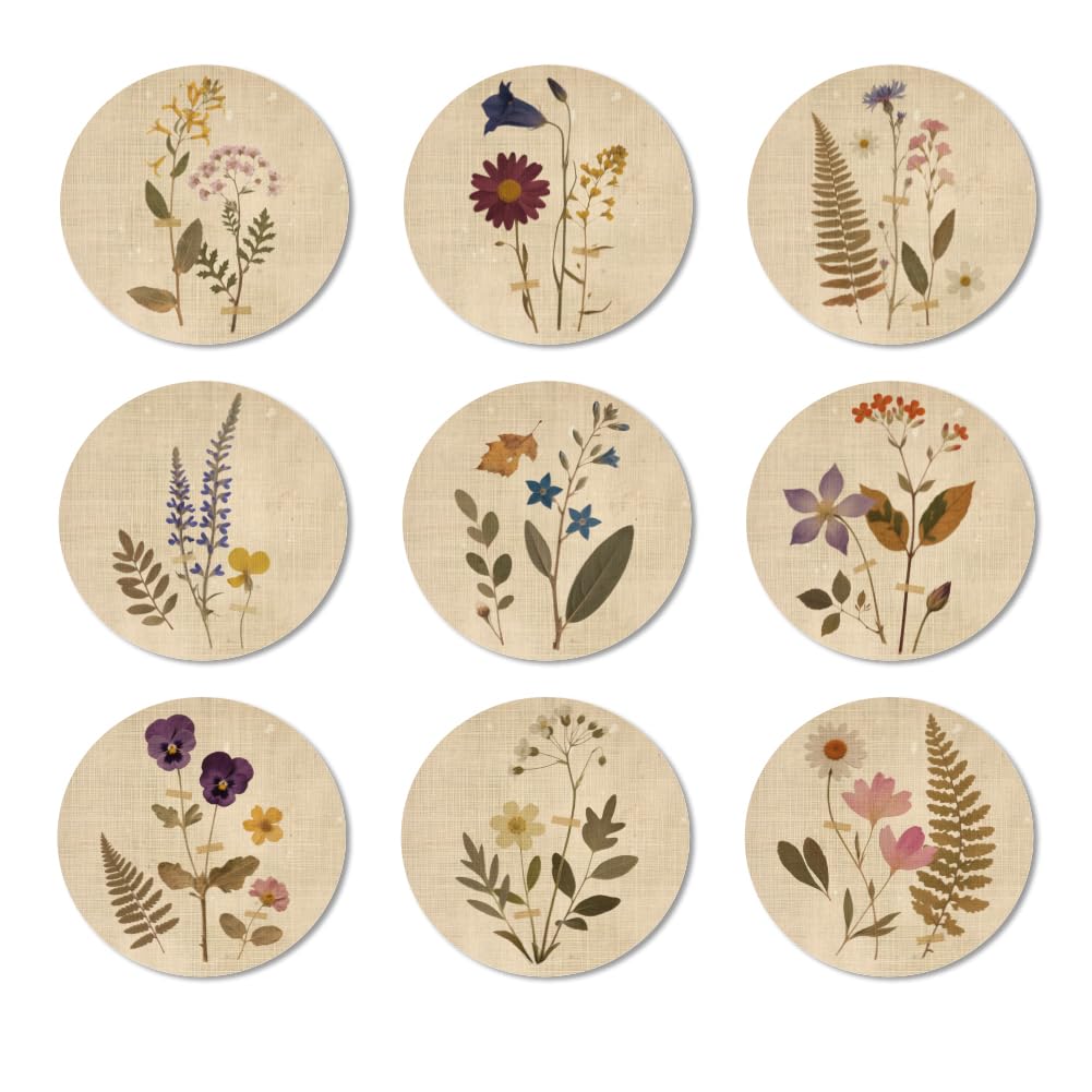 ANATTASOUL Coasters Set of 9 Vintage Flowers and Plants Pattern Colorful Wooden Coasters Bulk Round Housewarming Gift for New Home, 3.9" Decorative Coffee Table Protection for Farmhouse Bar Decor
