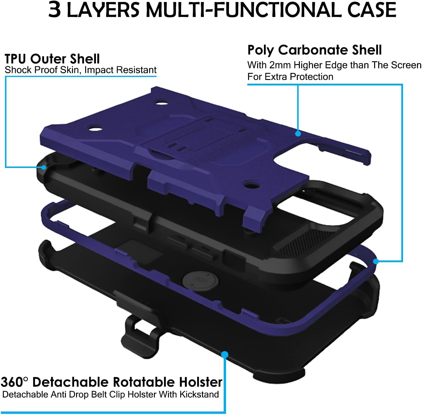 DuraSafe Cases for iPhone 12 iPhone 12 PRO 6.1" 2020 A2172 A2402 A2341 A2406 A2404 A2403 A2408 A2407 Heavy Duty Military Print Belt Clip Rugged Cover - Navy Blue(with Holster)