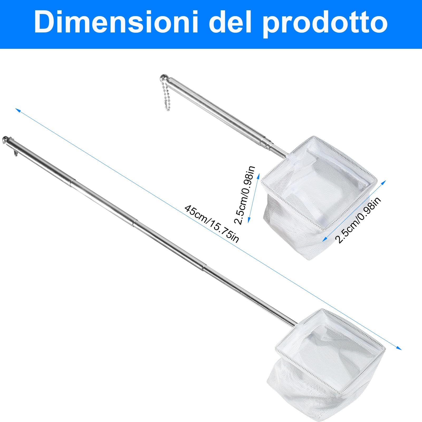 Set di 2 Retini Mini Acquario con Manico in Acciaio Inossidabile – Rete da Pesca a Maglia Fine con Manico Telescopico (13-40 cm) per Acquario, Stagno e Pulizia (8x6,5 cm)