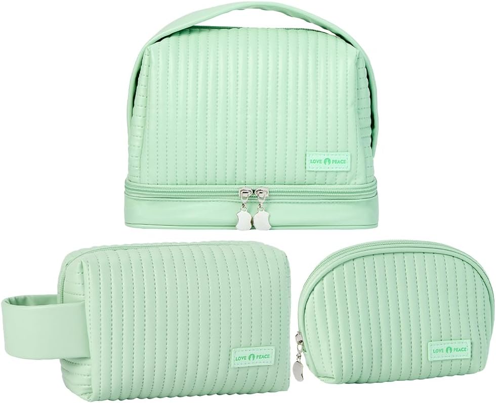 Makeup Bag Set of 3, Toiletry Bag for Women, Small Makeup Bag for Purse, Cute Quilted Cosmetic Bag for Travel, Gift for Women, Light Purple