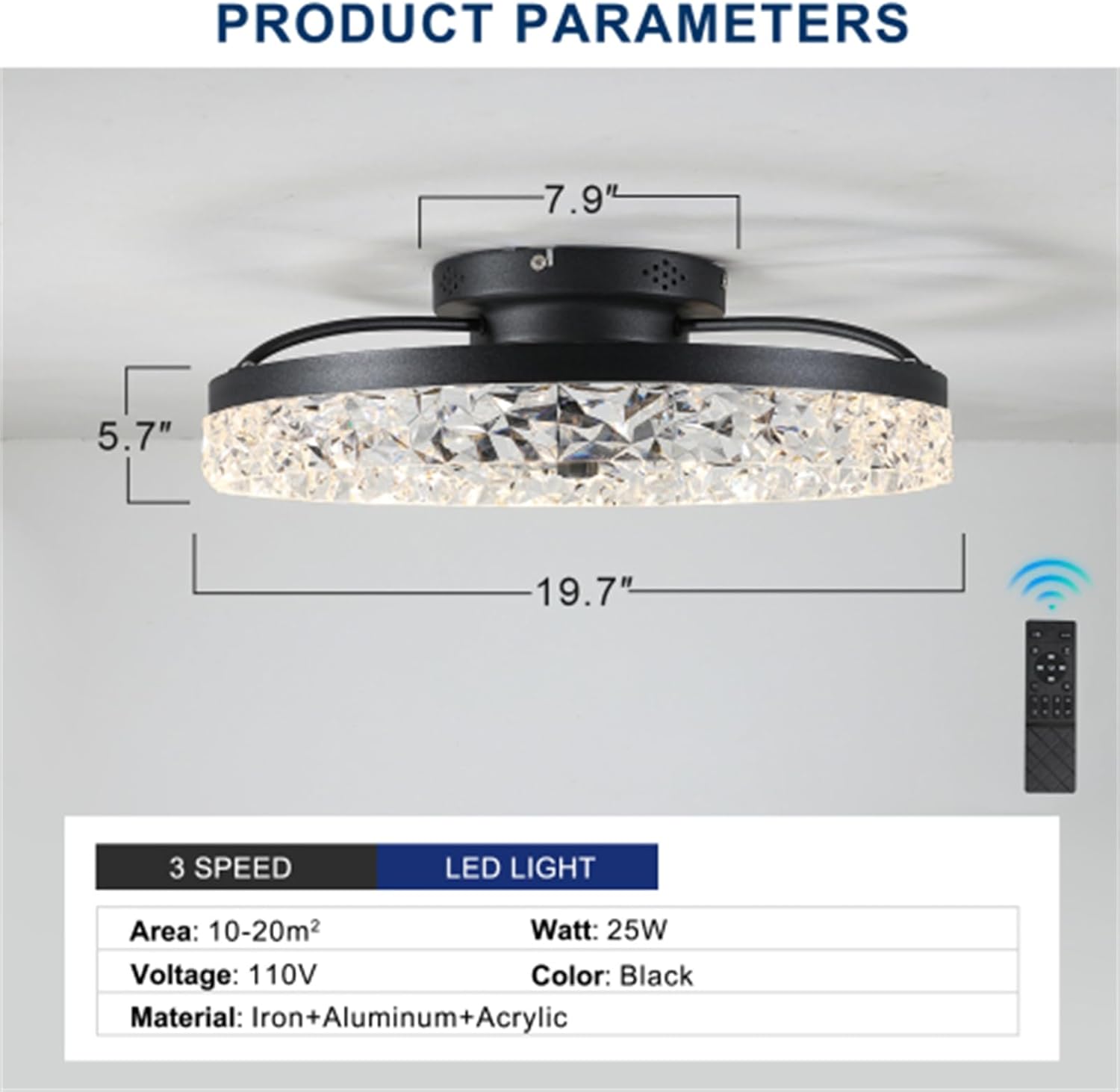 Ceiling Fan Light with dimmable LED Light, Integrated Lighting and Blowing, Black and Broken Acrylic Design Surface, 5 Blades, Forward/Reverse 6-Speed Fan Control, 3 Colors of Light