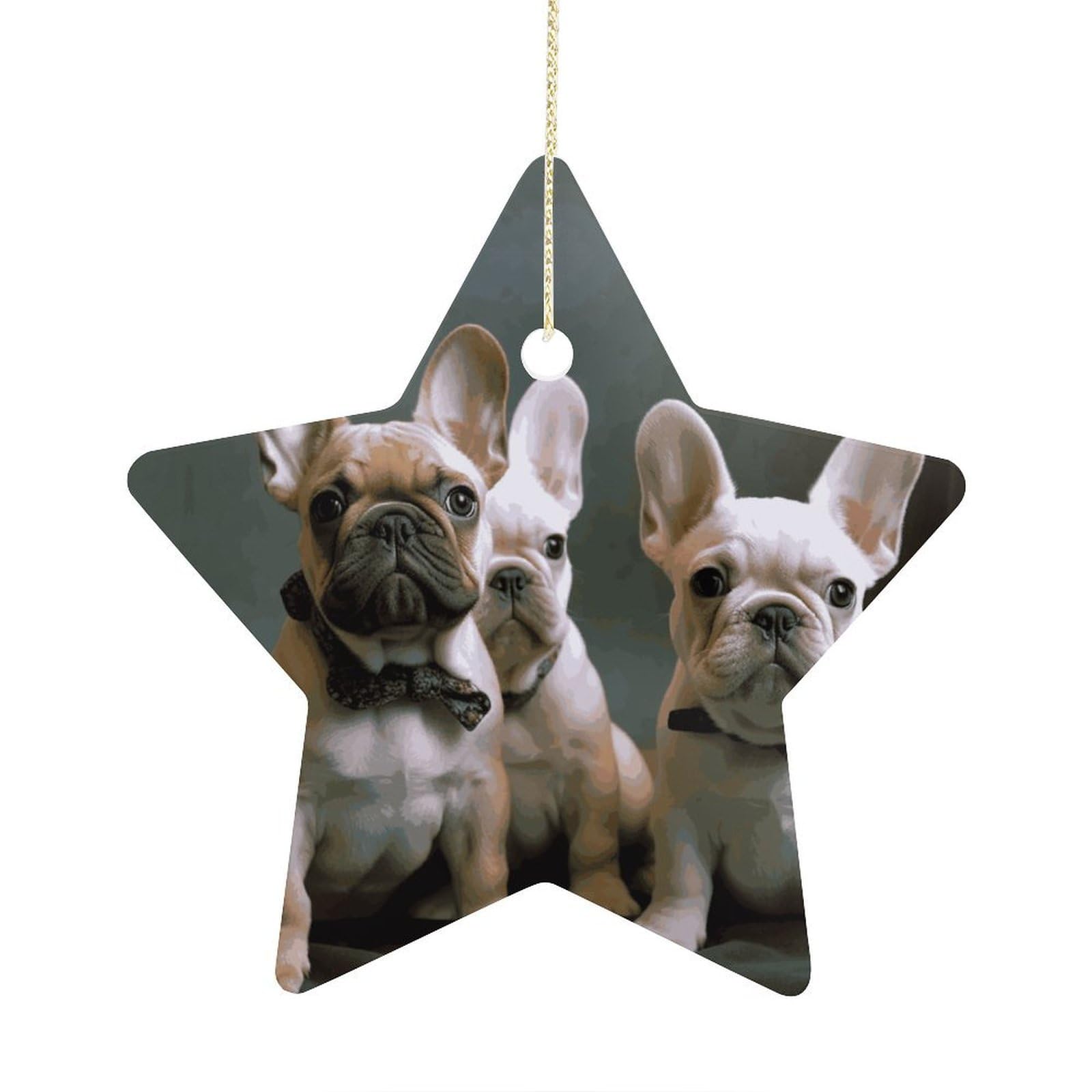 French Bulldog Puppies Stars Ornaments Ceramic Christmas Tree Hanging Light in Weight Christmas Star Pendants Funny Double-Sided Printed Xmas Ornaments for Gifts