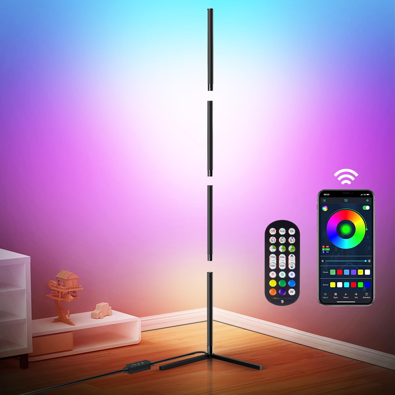RGB Corner LED Floor Lamp, 65” Corner Floor Lamps, Bluetooth APP Remote Control Music Sync LED Modern Floor Lamp for Bedroom, Living Room & Gaming Room