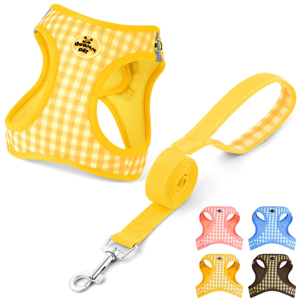 OFFCUP Pettorina per Cani Gatti con Guinzaglio Set Traspirante Imbracatura in Air Mesh per Cani Piccoli Pettorina Step-in Regolabile Riflettente Morbida Imbottito Anti-Strappo, Giallo, S